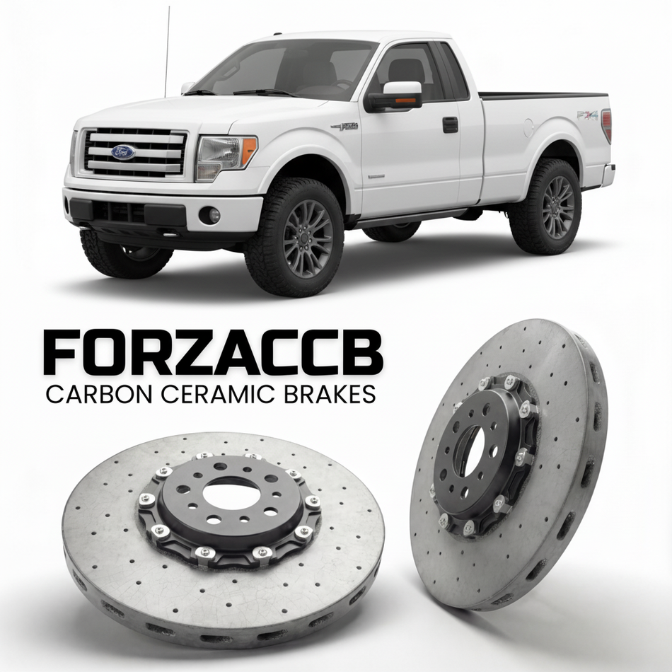 ForzaCCB direct OEM replacement carbon ceramic brake rotors for 2008 to 2014 Ford F-Series F-100/F-150 Ford F-Series F-150 XII Regular Cab models, shown with a white Ford F-Series F-100/F-150 car.