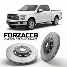 ForzaCCB direct OEM replacement carbon ceramic brake rotors for 2008 to 2014 Ford F-Series F-100/F-150 Ford F-Series F-150 XII SuperCab models, shown with a white Ford F-Series F-100/F-150 car.