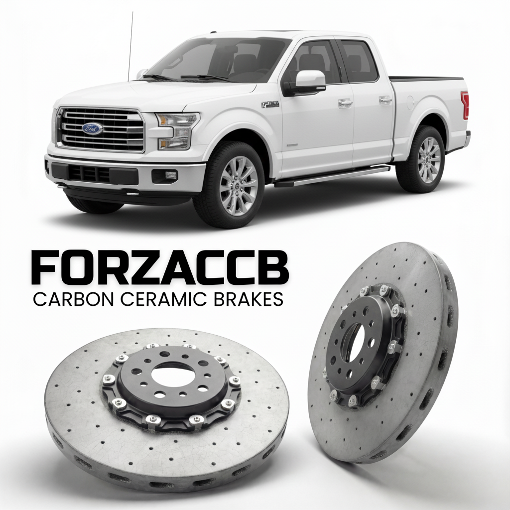 ForzaCCB direct OEM replacement carbon ceramic brake rotors for 2008 to 2014 Ford F-Series F-100/F-150 Ford F-Series F-150 XII SuperCab models, shown with a white Ford F-Series F-100/F-150 car.