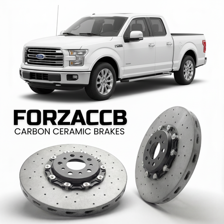 ForzaCCB direct OEM replacement carbon ceramic brake rotors for 2008 to 2014 Ford F-Series F-100/F-150 Ford F-Series F-150 XII SuperCab models, shown with a white Ford F-Series F-100/F-150 car.