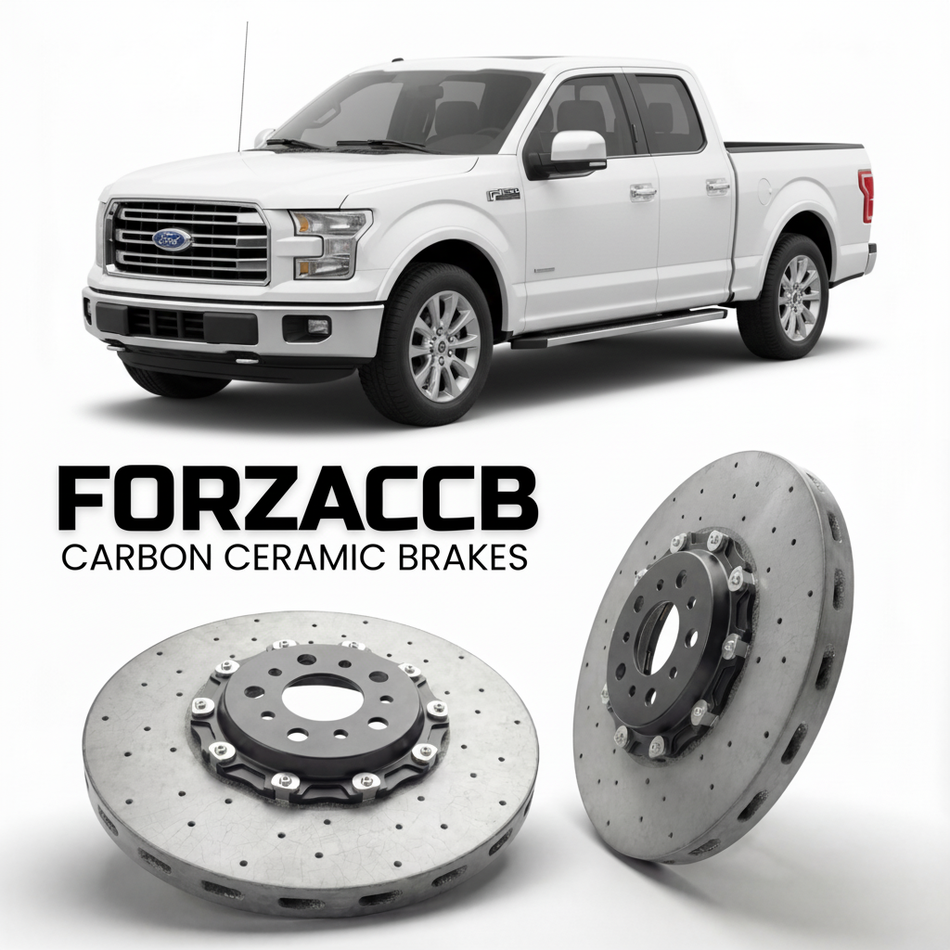 ForzaCCB direct OEM replacement carbon ceramic brake rotors for 2008 to 2014 Ford F-Series F-100/F-150 Ford F-Series F-150 XII SuperCab models, shown with a white Ford F-Series F-100/F-150 car.