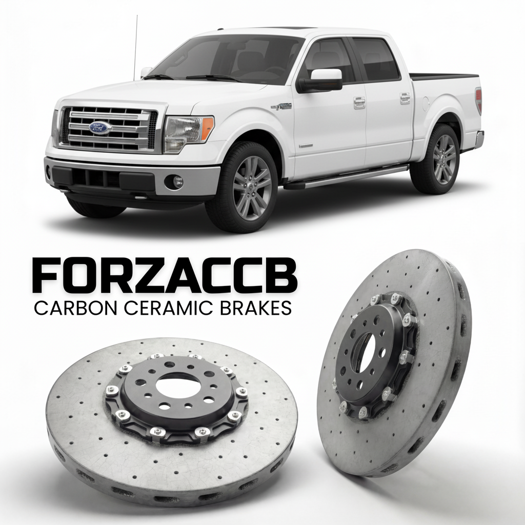 ForzaCCB direct OEM replacement carbon ceramic brake rotors for 2008 to 2014 Ford F-Series F-100/F-150 Ford F-Series F-150 XII SuperCrew models, shown with a white Ford F-Series F-100/F-150 car.