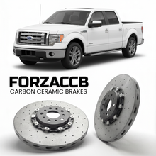 ForzaCCB direct OEM replacement carbon ceramic brake rotors for 2008 to 2014 Ford F-Series F-100/F-150 Ford F-Series F-150 XII SuperCrew models, shown with a white Ford F-Series F-100/F-150 car.
