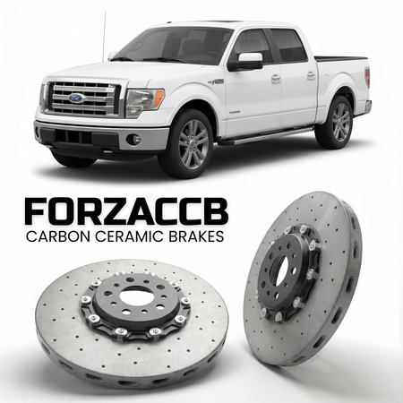 ForzaCCB direct OEM replacement carbon ceramic brake rotors for 2008 to 2014 Ford F-Series F-100/F-150 Ford F-Series F-150 XII SuperCrew models, shown with a white Ford F-Series F-100/F-150 car.
