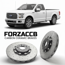 ForzaCCB direct OEM replacement carbon ceramic brake rotors for 2015 to 2017 Ford F-Series F-100/F-150 Ford F-Series F-150 XIII Regular Cab models, shown with a white Ford F-Series F-100/F-150 car.