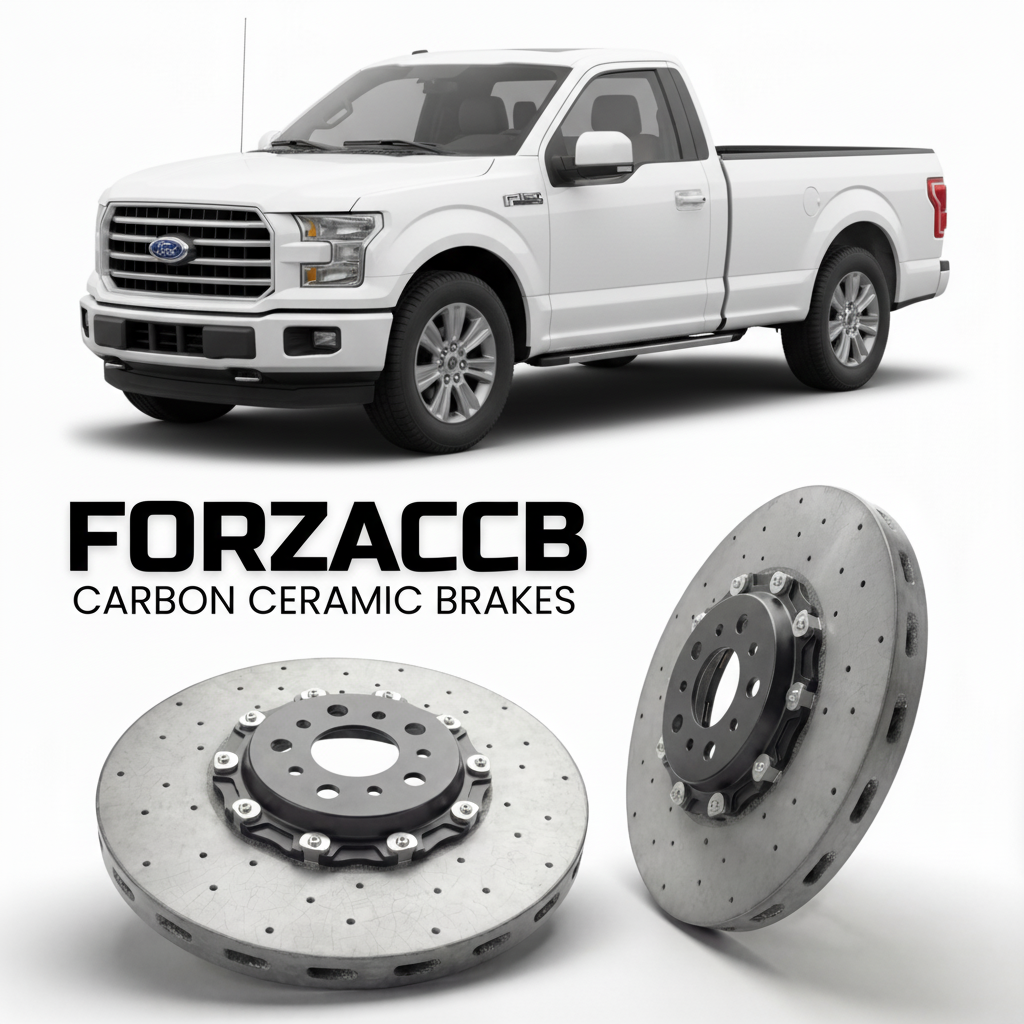 ForzaCCB direct OEM replacement carbon ceramic brake rotors for 2015 to 2017 Ford F-Series F-100/F-150 Ford F-Series F-150 XIII Regular Cab models, shown with a white Ford F-Series F-100/F-150 car.