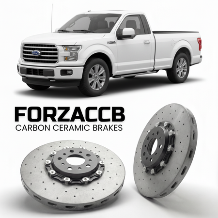 ForzaCCB direct OEM replacement carbon ceramic brake rotors for 2015 to 2017 Ford F-Series F-100/F-150 Ford F-Series F-150 XIII Regular Cab models, shown with a white Ford F-Series F-100/F-150 car.