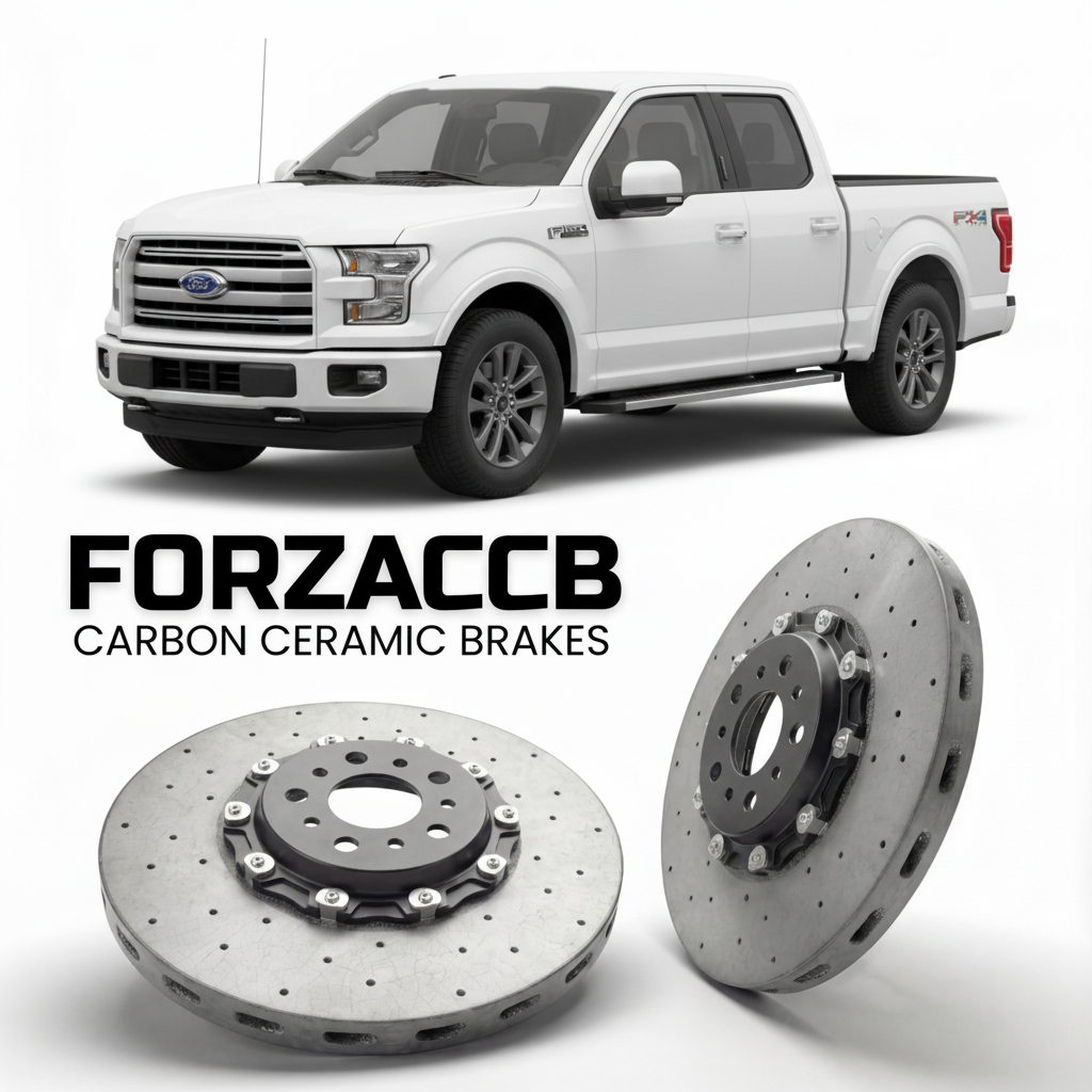 ForzaCCB direct OEM replacement carbon ceramic brake rotors for 2015 to 2017 Ford F-Series F-100/F-150 Ford F-Series F-150 XIII SuperCab models, shown with a white Ford F-Series F-100/F-150 car.