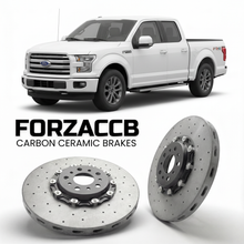 ForzaCCB direct OEM replacement carbon ceramic brake rotors for 2015 to 2017 Ford F-Series F-100/F-150 Ford F-Series F-150 XIII SuperCab models, shown with a white Ford F-Series F-100/F-150 car.