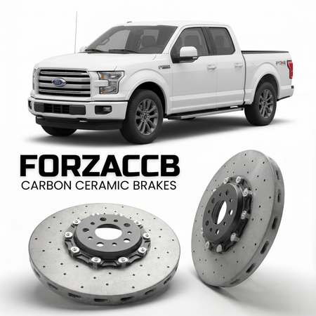 ForzaCCB direct OEM replacement carbon ceramic brake rotors for 2015 to 2017 Ford F-Series F-100/F-150 Ford F-Series F-150 XIII SuperCab models, shown with a white Ford F-Series F-100/F-150 car.