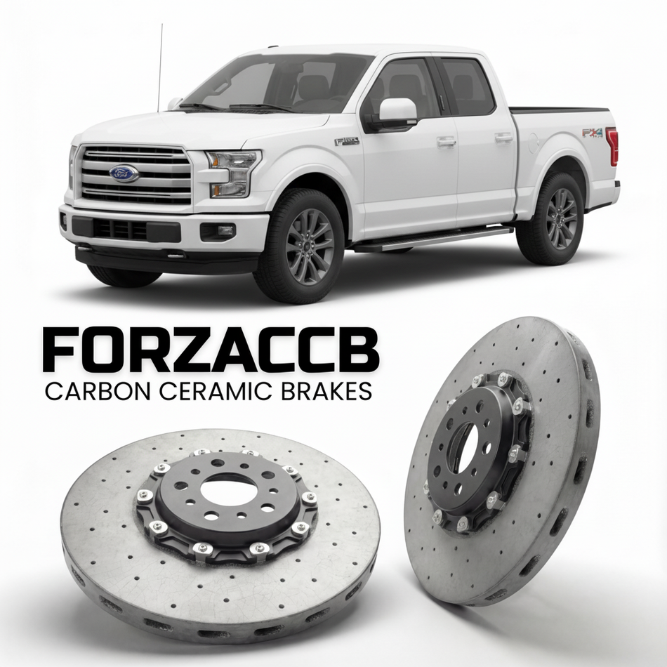 ForzaCCB direct OEM replacement carbon ceramic brake rotors for 2015 to 2017 Ford F-Series F-100/F-150 Ford F-Series F-150 XIII SuperCab models, shown with a white Ford F-Series F-100/F-150 car.