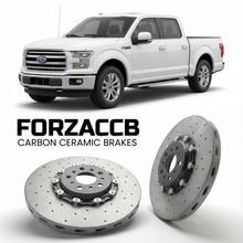 ForzaCCB direct OEM replacement carbon ceramic brake rotors for 2015 to 2017 Ford F-Series F-100/F-150 Ford F-Series F-150 XIII SuperCrew models, shown with a white Ford F-Series F-100/F-150 car.