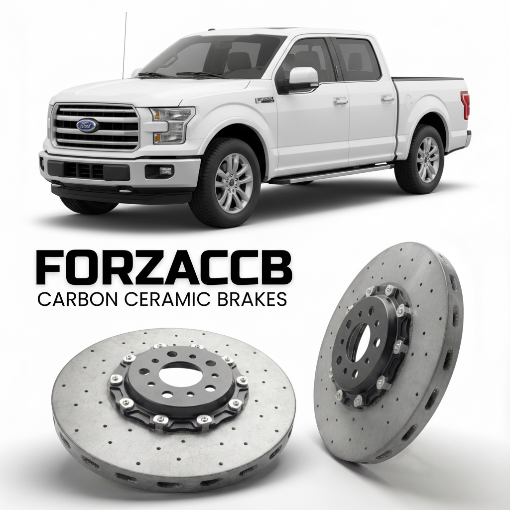 ForzaCCB direct OEM replacement carbon ceramic brake rotors for 2015 to 2017 Ford F-Series F-100/F-150 Ford F-Series F-150 XIII SuperCrew models, shown with a white Ford F-Series F-100/F-150 car.
