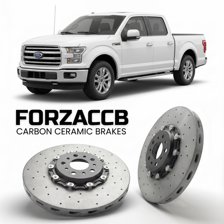 ForzaCCB direct OEM replacement carbon ceramic brake rotors for 2015 to 2017 Ford F-Series F-100/F-150 Ford F-Series F-150 XIII SuperCrew models, shown with a white Ford F-Series F-100/F-150 car.
