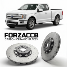 ForzaCCB direct OEM replacement carbon ceramic brake rotors for 2018-2020) Ford F-Series F-100/F-150 Ford F-Series F-150 XIII Regular Cab (facelift 2018 models, shown with a white Ford F-Series F-100/F-150 car.