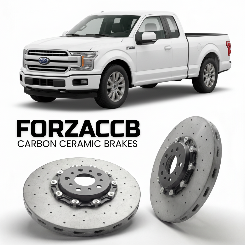 ForzaCCB direct OEM replacement carbon ceramic brake rotors for 2018-2020) Ford F-Series F-100/F-150 Ford F-Series F-150 XIII Regular Cab (facelift 2018 models, shown with a white Ford F-Series F-100/F-150 car.