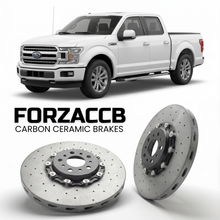 ForzaCCB direct OEM replacement carbon ceramic brake rotors for 2018-2020) Ford F-Series F-100/F-150 Ford F-Series F-150 XIII SuperCab (facelift 2018 models, shown with a white Ford F-Series F-100/F-150 car.