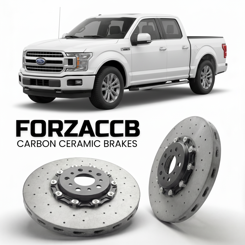 ForzaCCB direct OEM replacement carbon ceramic brake rotors for 2018-2020) Ford F-Series F-100/F-150 Ford F-Series F-150 XIII SuperCab (facelift 2018 models, shown with a white Ford F-Series F-100/F-150 car.