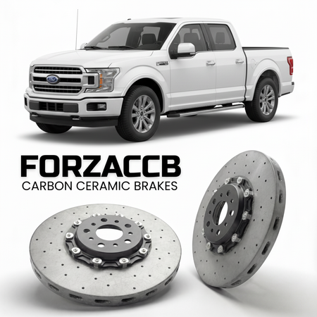 ForzaCCB direct OEM replacement carbon ceramic brake rotors for 2018-2020) Ford F-Series F-100/F-150 Ford F-Series F-150 XIII SuperCab (facelift 2018 models, shown with a white Ford F-Series F-100/F-150 car.
