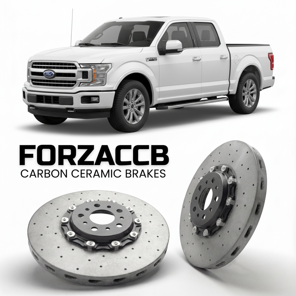 ForzaCCB direct OEM replacement carbon ceramic brake rotors for 2018-2020) Ford F-Series F-100/F-150 Ford F-Series F-150 XIII SuperCab (facelift 2018 models, shown with a white Ford F-Series F-100/F-150 car.