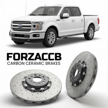 ForzaCCB direct OEM replacement carbon ceramic brake rotors for 2018-2020) Ford F-Series F-100/F-150 Ford F-Series F-150 XIII SuperCrew (facelift 2018 models, shown with a white Ford F-Series F-100/F-150 car.