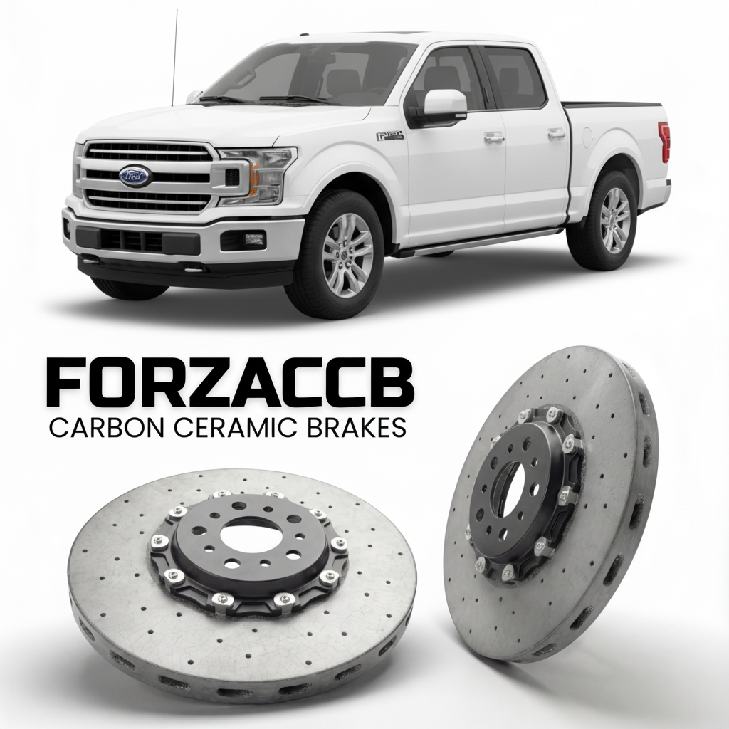 ForzaCCB direct OEM replacement carbon ceramic brake rotors for 2018-2020) Ford F-Series F-100/F-150 Ford F-Series F-150 XIII SuperCrew (facelift 2018 models, shown with a white Ford F-Series F-100/F-150 car.
