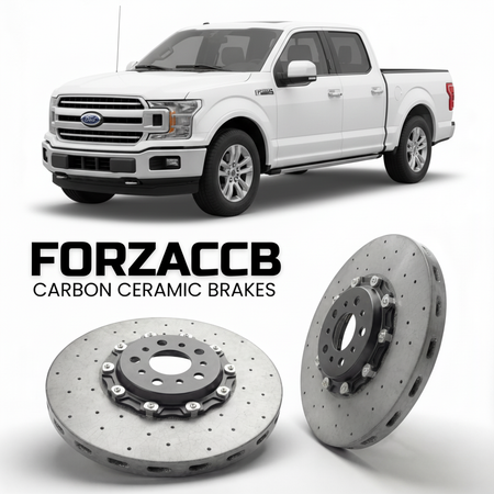ForzaCCB direct OEM replacement carbon ceramic brake rotors for 2018-2020) Ford F-Series F-100/F-150 Ford F-Series F-150 XIII SuperCrew (facelift 2018 models, shown with a white Ford F-Series F-100/F-150 car.
