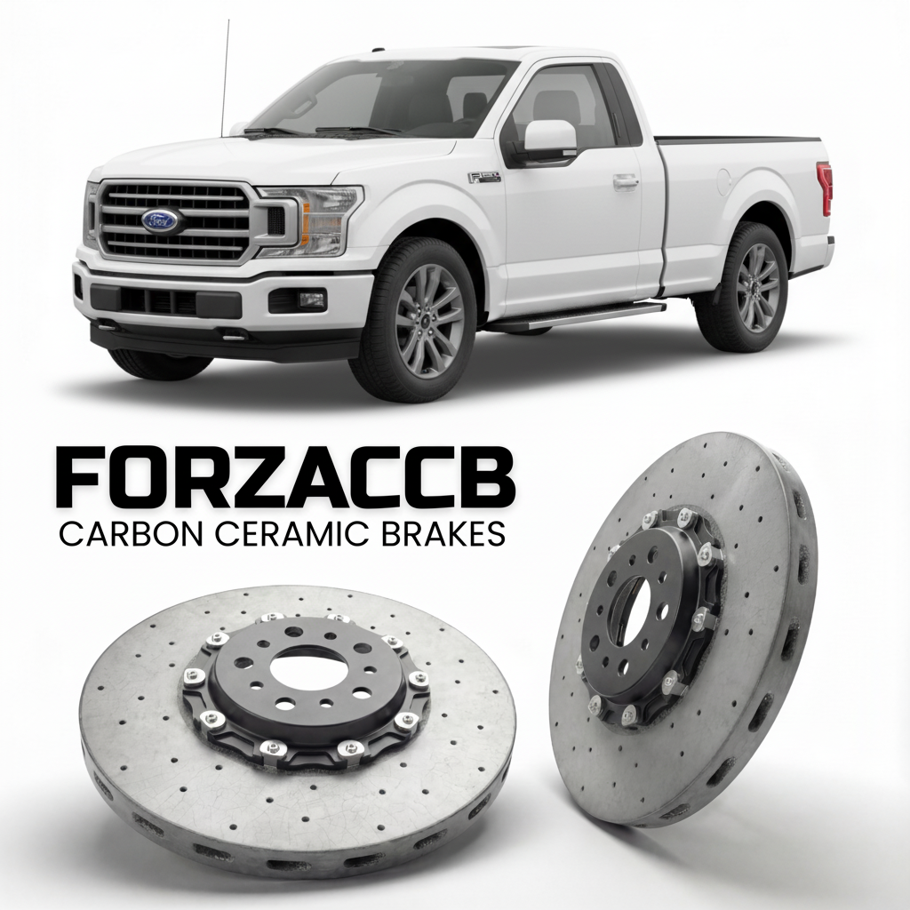 ForzaCCB direct OEM replacement carbon ceramic brake rotors for 2020 to 2023 Ford F-Series F-100/F-150 Ford F-Series F-150 XIV Regular Cab models, shown with a white Ford F-Series F-100/F-150 car.