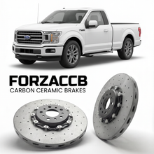 ForzaCCB direct OEM replacement carbon ceramic brake rotors for 2020 to 2023 Ford F-Series F-100/F-150 Ford F-Series F-150 XIV Regular Cab models, shown with a white Ford F-Series F-100/F-150 car.