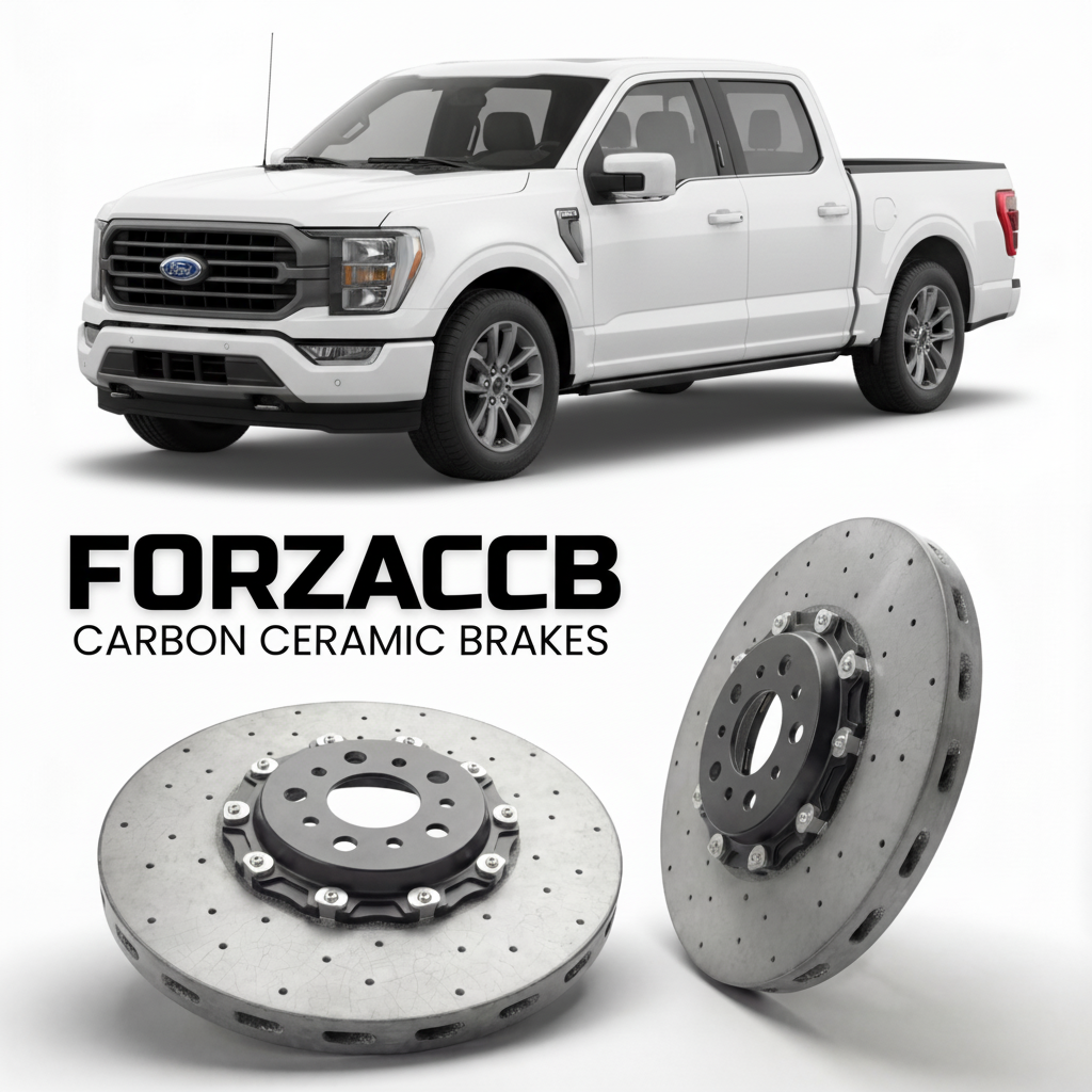 ForzaCCB direct OEM replacement carbon ceramic brake rotors for 2020 to 2023 Ford F-Series F-100/F-150 Ford F-Series F-150 XIV SuperCab models, shown with a white Ford F-Series F-100/F-150 car.