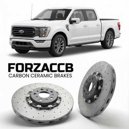 ForzaCCB direct OEM replacement carbon ceramic brake rotors for 2020 to 2023 Ford F-Series F-100/F-150 Ford F-Series F-150 XIV SuperCab models, shown with a white Ford F-Series F-100/F-150 car.