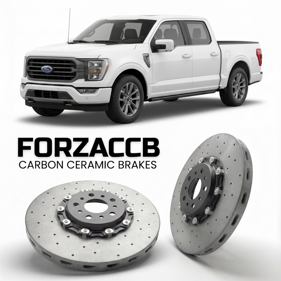 ForzaCCB direct OEM replacement carbon ceramic brake rotors for 2020 to 2023 Ford F-Series F-100/F-150 Ford F-Series F-150 XIV SuperCab models, shown with a white Ford F-Series F-100/F-150 car.