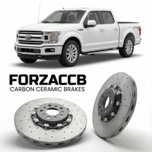 ForzaCCB direct OEM replacement carbon ceramic brake rotors for 2020 to 2023 Ford F-Series F-100/F-150 Ford F-Series F-150 XIV SuperCrew models, shown with a white Ford F-Series F-100/F-150 car.