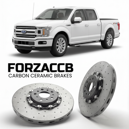 ForzaCCB direct OEM replacement carbon ceramic brake rotors for 2020 to 2023 Ford F-Series F-100/F-150 Ford F-Series F-150 XIV SuperCrew models, shown with a white Ford F-Series F-100/F-150 car.