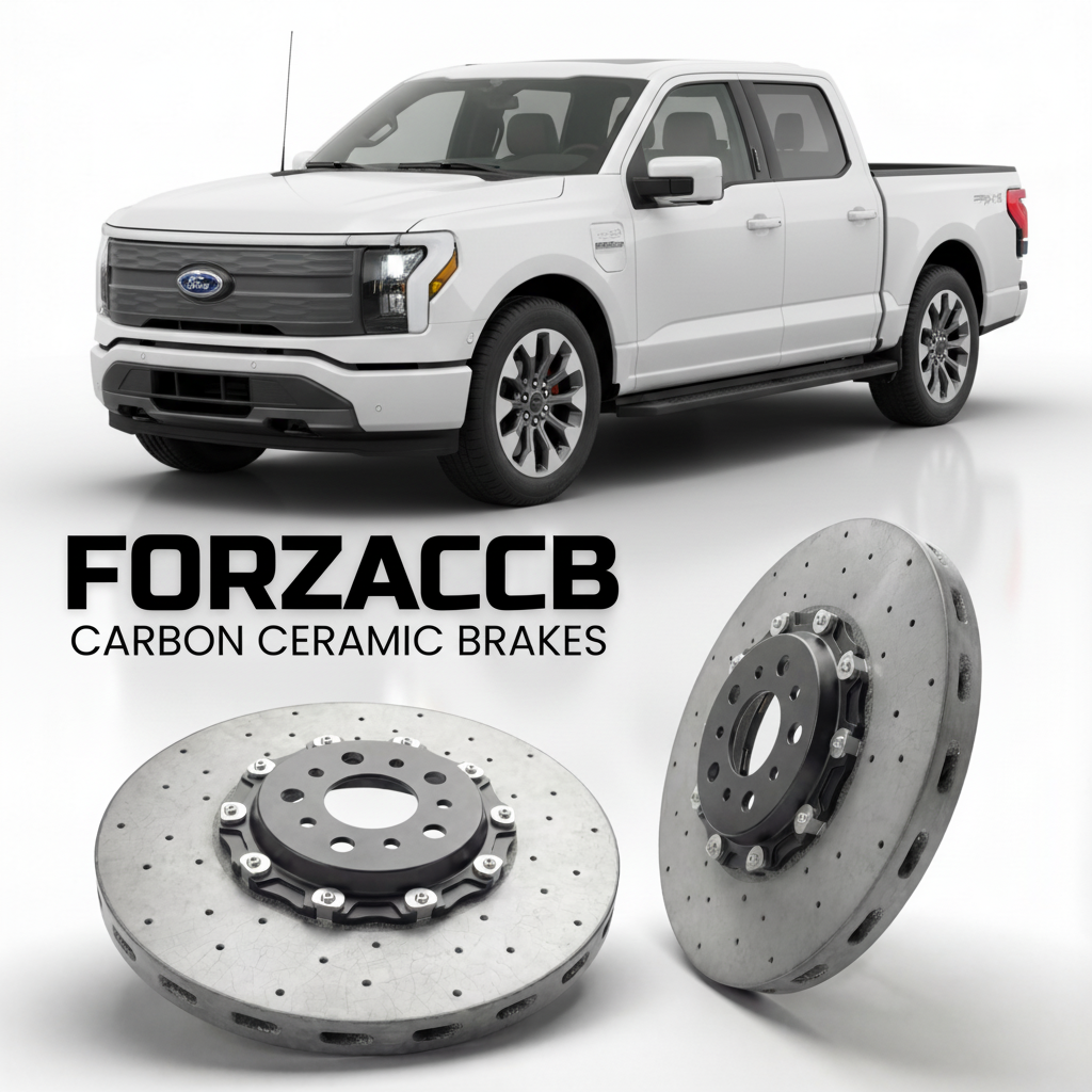 ForzaCCB direct OEM replacement carbon ceramic brake rotors for 2021 and newer Ford F-Series F-100/F-150 Ford F-Series F-150 Lightning XIV SuperCrew models, shown with a white Ford F-Series F-100/F-150 car.