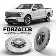 ForzaCCB direct OEM replacement carbon ceramic brake rotors for 2021 and newer Ford F-Series F-100/F-150 Ford F-Series F-150 Lightning XIV SuperCrew models, shown with a white Ford F-Series F-100/F-150 car.
