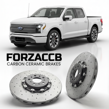 ForzaCCB direct OEM replacement carbon ceramic brake rotors for 2021 and newer Ford F-Series F-100/F-150 Ford F-Series F-150 Lightning XIV SuperCrew models, shown with a white Ford F-Series F-100/F-150 car.