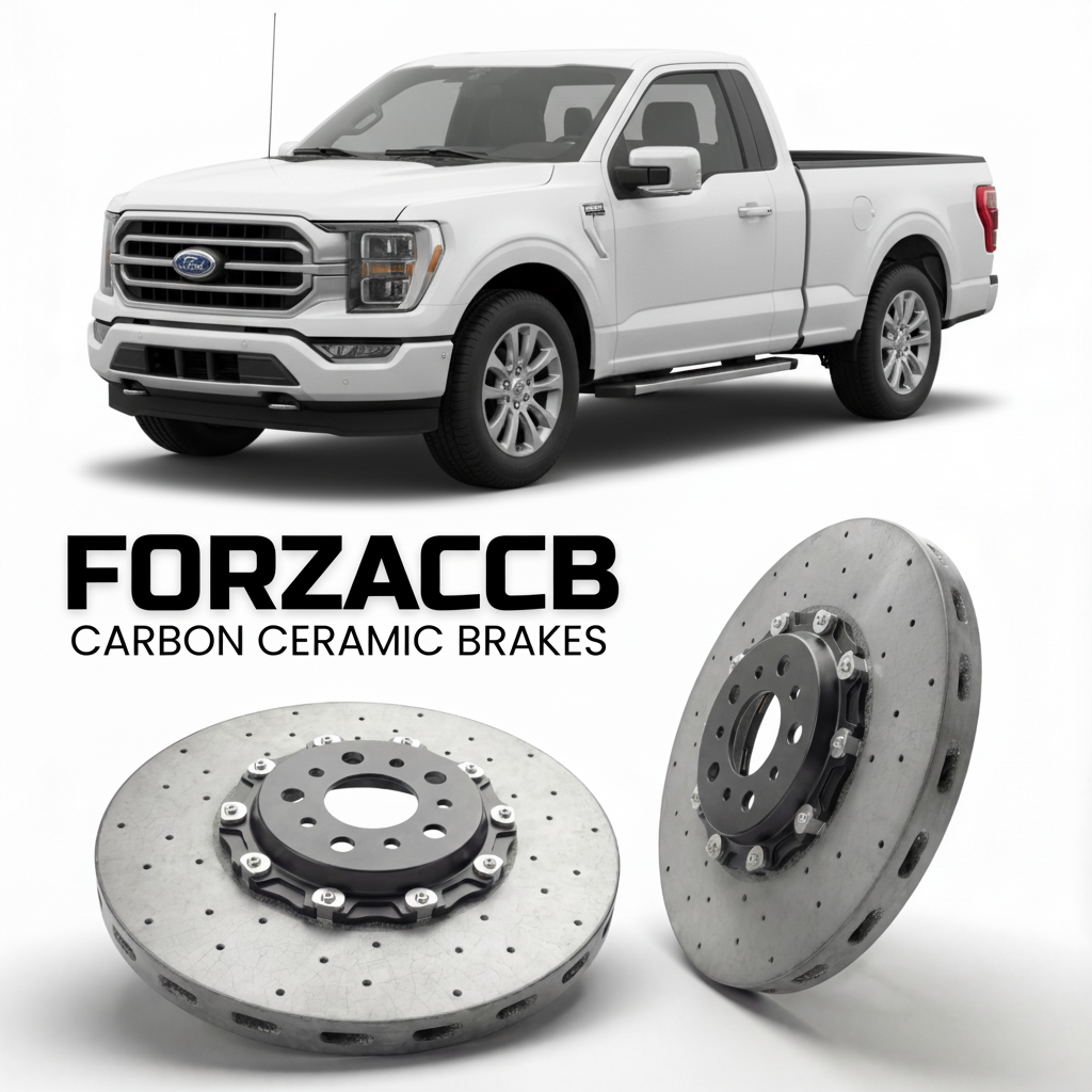 ForzaCCB direct OEM replacement carbon ceramic brake rotors for 2023+) Ford F-Series F-100/F-150 Ford F-Series F-150 XIV Regular Cab (facelift 2023 models, shown with a white Ford F-Series F-100/F-150 car.