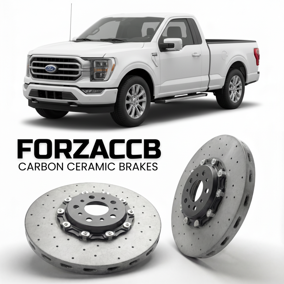 ForzaCCB direct OEM replacement carbon ceramic brake rotors for 2023+) Ford F-Series F-100/F-150 Ford F-Series F-150 XIV Regular Cab (facelift 2023 models, shown with a white Ford F-Series F-100/F-150 car.