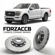 ForzaCCB direct OEM replacement carbon ceramic brake rotors for 2023+) Ford F-Series F-100/F-150 Ford F-Series F-150 XIV Regular Cab Long (facelift 2023 models, shown with a white Ford F-Series F-100/F-150 car.