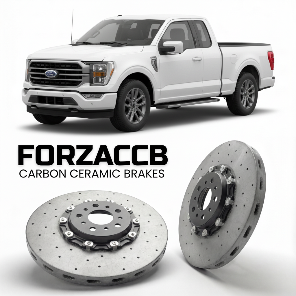 ForzaCCB direct OEM replacement carbon ceramic brake rotors for 2023+) Ford F-Series F-100/F-150 Ford F-Series F-150 XIV Regular Cab Long (facelift 2023 models, shown with a white Ford F-Series F-100/F-150 car.