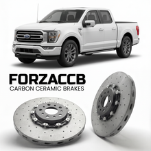 ForzaCCB direct OEM replacement carbon ceramic brake rotors for 2023+) Ford F-Series F-100/F-150 Ford F-Series F-150 XIV SuperCab (facelift 2023 models, shown with a white Ford F-Series F-100/F-150 car.