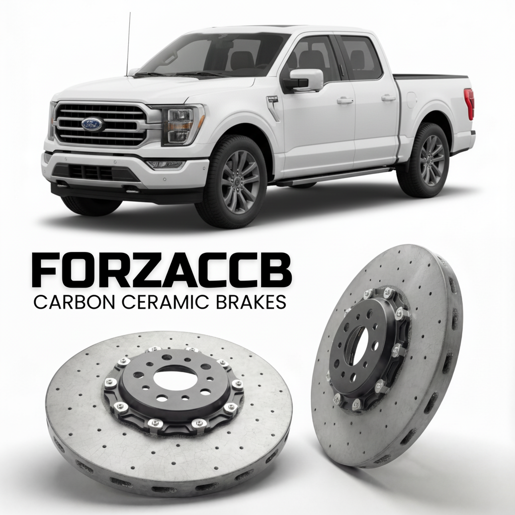 ForzaCCB direct OEM replacement carbon ceramic brake rotors for 2023+) Ford F-Series F-100/F-150 Ford F-Series F-150 XIV SuperCab (facelift 2023 models, shown with a white Ford F-Series F-100/F-150 car.