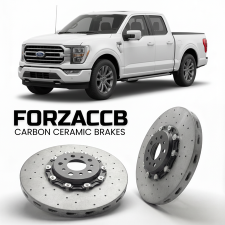 ForzaCCB direct OEM replacement carbon ceramic brake rotors for 2023+) Ford F-Series F-100/F-150 Ford F-Series F-150 XIV SuperCab (facelift 2023 models, shown with a white Ford F-Series F-100/F-150 car.