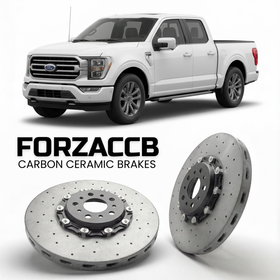 ForzaCCB direct OEM replacement carbon ceramic brake rotors for 2023+) Ford F-Series F-100/F-150 Ford F-Series F-150 XIV SuperCab (facelift 2023 models, shown with a white Ford F-Series F-100/F-150 car.