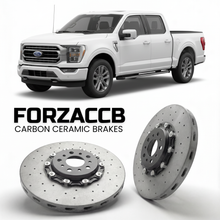 ForzaCCB direct OEM replacement carbon ceramic brake rotors for 2023+) Ford F-Series F-100/F-150 Ford F-Series F-150 XIV SuperCrew (facelift 2023 models, shown with a white Ford F-Series F-100/F-150 car.