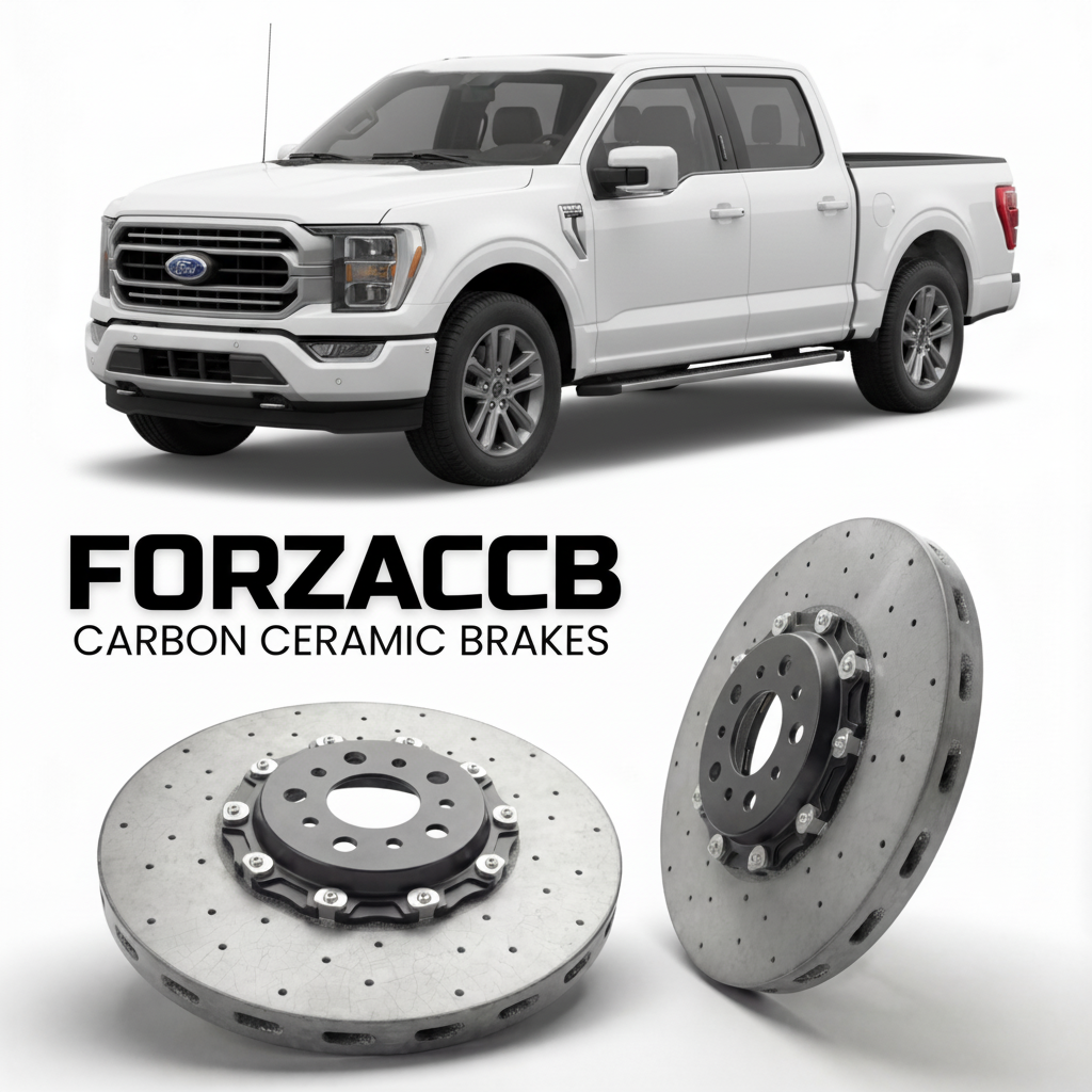 ForzaCCB direct OEM replacement carbon ceramic brake rotors for 2023+) Ford F-Series F-100/F-150 Ford F-Series F-150 XIV SuperCrew (facelift 2023 models, shown with a white Ford F-Series F-100/F-150 car.