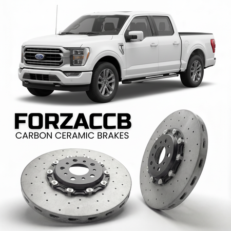 ForzaCCB direct OEM replacement carbon ceramic brake rotors for 2023+) Ford F-Series F-100/F-150 Ford F-Series F-150 XIV SuperCrew (facelift 2023 models, shown with a white Ford F-Series F-100/F-150 car.