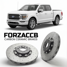 ForzaCCB direct OEM replacement carbon ceramic brake rotors for 2023+) Ford F-Series F-100/F-150 Ford F-Series F-150 XIV SuperCrew Long (facelift 2023 models, shown with a white Ford F-Series F-100/F-150 car.