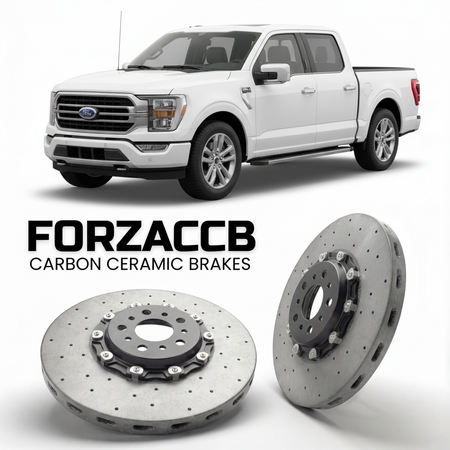 ForzaCCB direct OEM replacement carbon ceramic brake rotors for 2023+) Ford F-Series F-100/F-150 Ford F-Series F-150 XIV SuperCrew Long (facelift 2023 models, shown with a white Ford F-Series F-100/F-150 car.